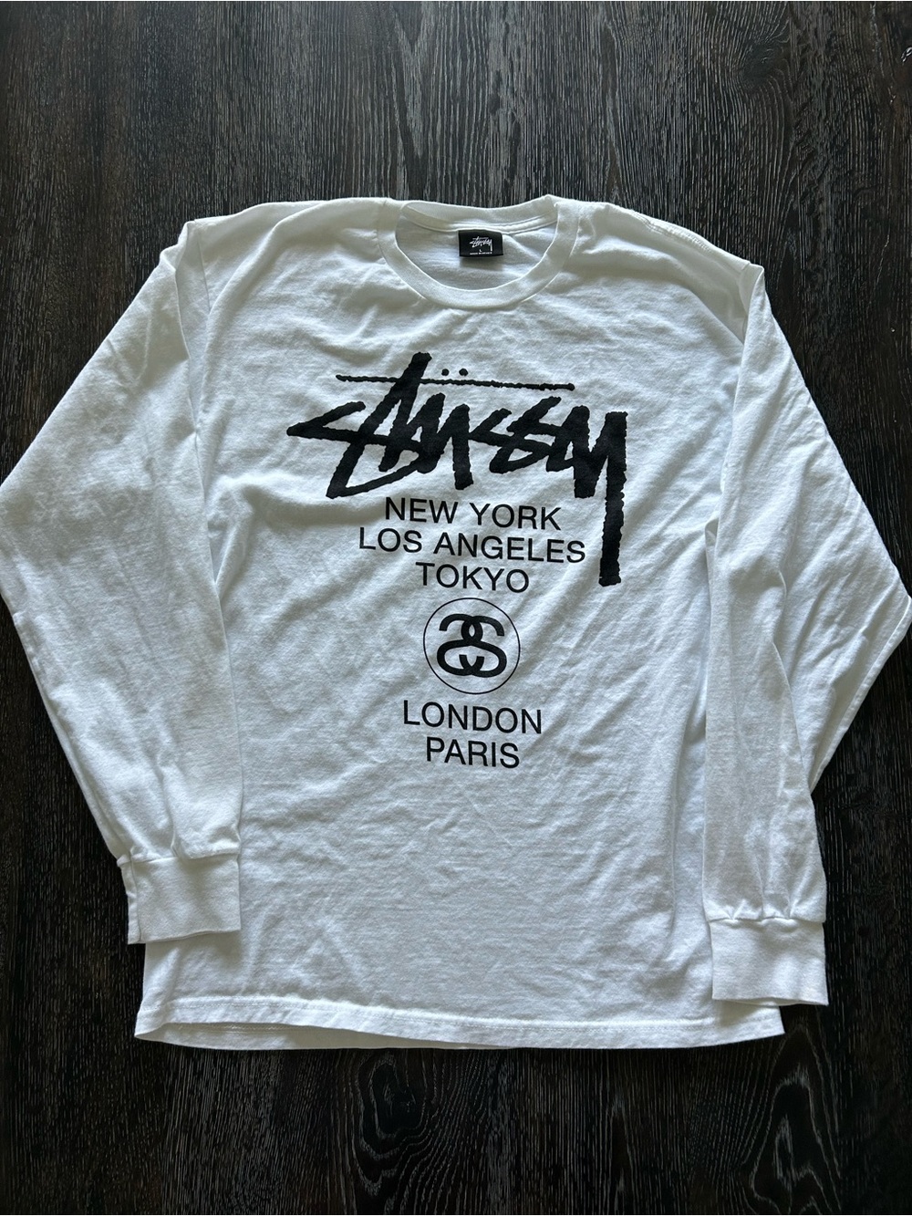 Stussy White Long Sleeve Tee with Black Script Logo